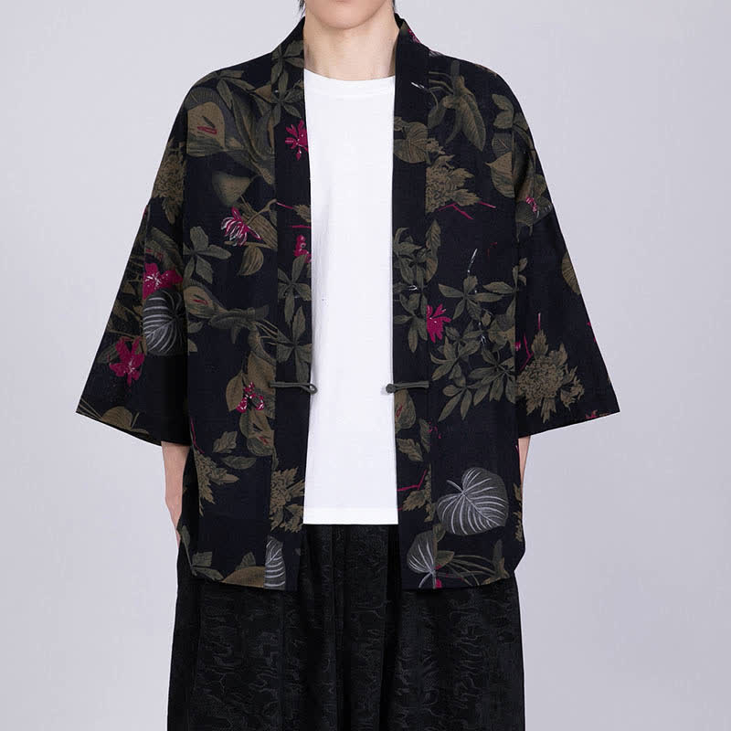 Buddha Stones Kimono da uomo a maniche corte in misto lino con stampa di foglie tropicali estive - Nero - US/UK/AU46, EU56 (5XL) - image 11