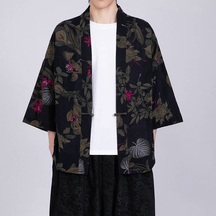 Buddha Stones Kimono da uomo a maniche corte in misto lino con stampa di foglie tropicali estive - Nero - US/UK/AU46, EU56 (5XL) - image 11