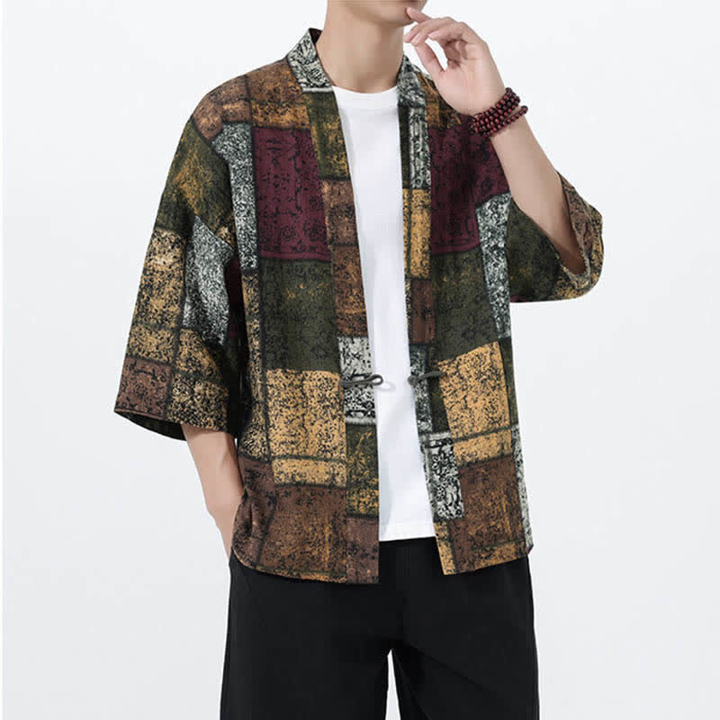 Buddha Stones Kimono da uomo a maniche corte in misto lino con stampa di foglie tropicali estive - image 19