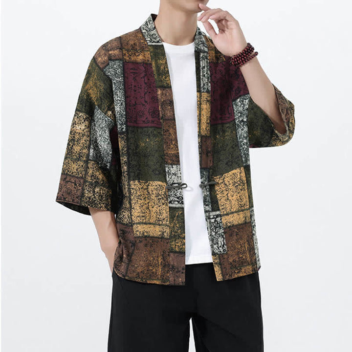 Buddha Stones Kimono da uomo a maniche corte in misto lino con stampa di foglie tropicali estive - image 19