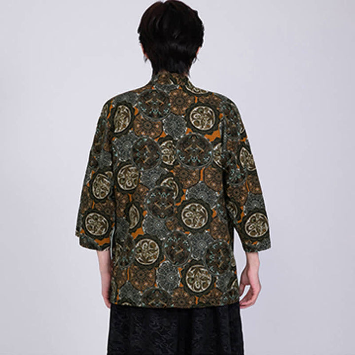 Buddha Stones Kimono da uomo a maniche corte in misto lino con stampa di foglie tropicali estive - image 17