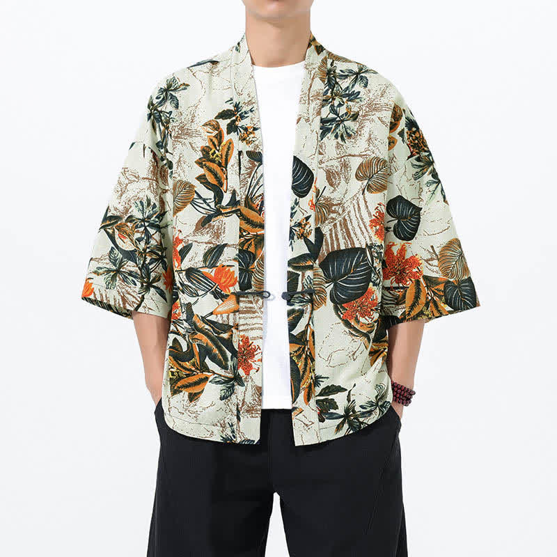 Buddha Stones Kimono da uomo a maniche corte in misto lino con stampa di foglie tropicali estive - Bianco - US/UK/AU46, EU56 (5XL) - image 0
