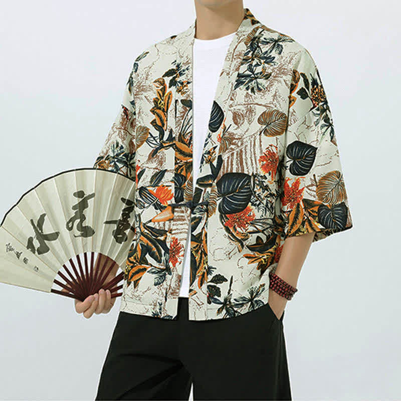 Buddha Stones Kimono da uomo a maniche corte in misto lino con stampa di foglie tropicali estive - image 3