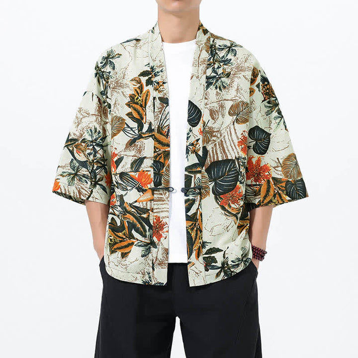 Buddha Stones Kimono da uomo a maniche corte in misto lino con stampa di foglie tropicali estive - Bianco - US/UK/AU46, EU56 (5XL) - image 0