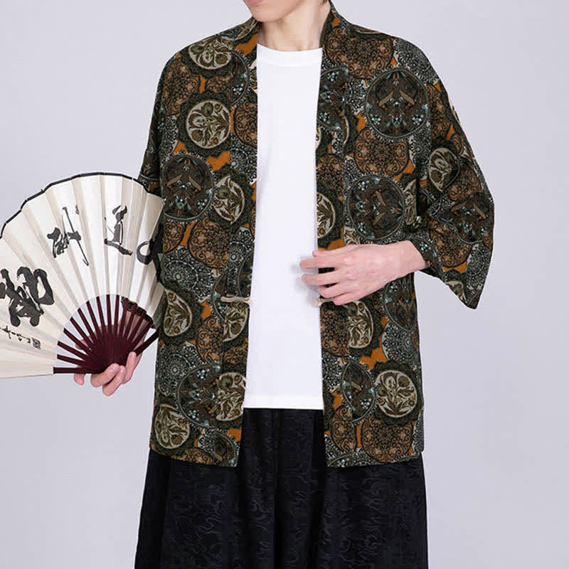 Buddha Stones Kimono da uomo a maniche corte in misto lino con stampa di foglie tropicali estive - image 14