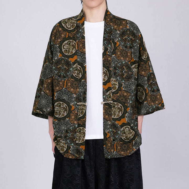 Buddha Stones Kimono da uomo a maniche corte in misto lino con stampa di foglie tropicali estive - image 16