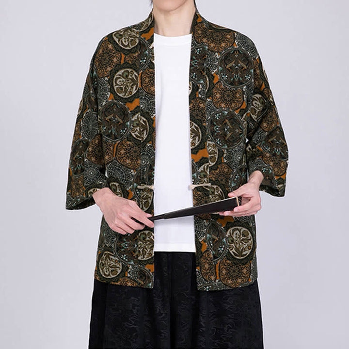 Buddha Stones Kimono da uomo a maniche corte in misto lino con stampa di foglie tropicali estive - image 15