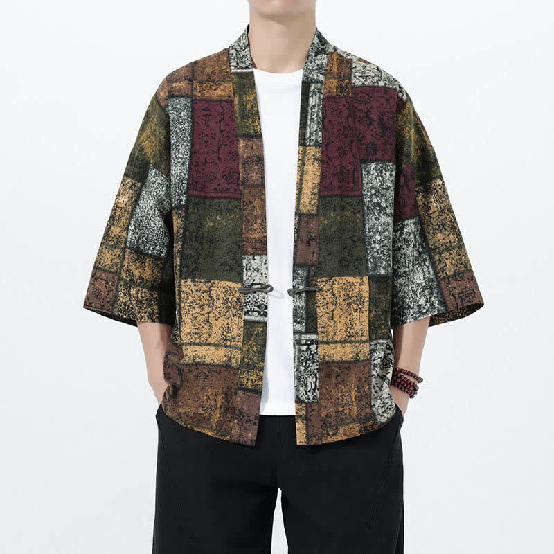 Buddha Stones Kimono da uomo a maniche corte in misto lino con stampa di foglie tropicali estive - Verde oliva - US/UK/AU46, EU56 (5XL) - image 18