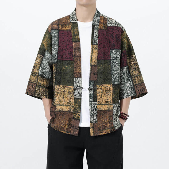 Buddha Stones Kimono da uomo a maniche corte in misto lino con stampa di foglie tropicali estive - Verde oliva - US/UK/AU46, EU56 (5XL) - image 18