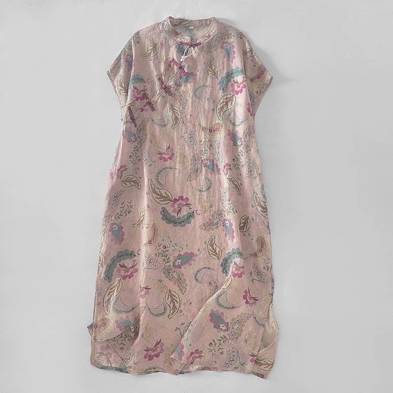 Buddha Stones Abito estivo vintage da donna con stampa paisley floreale, colletto alla coreana, maniche corte e tasche. - Rosa Nebbiosa - US14, UK/AU18, EU46 (2XL) - image 0