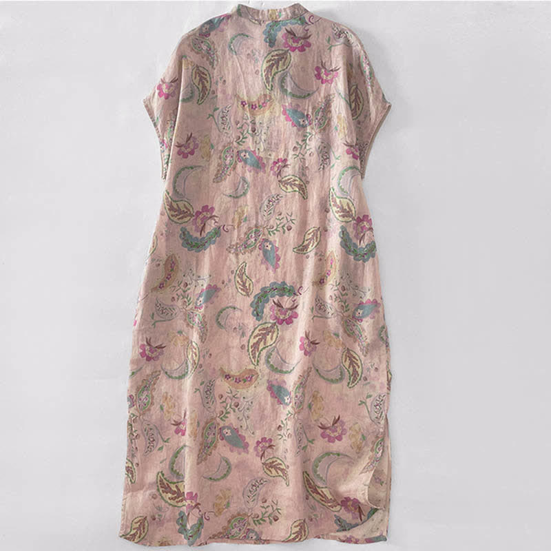 Buddha Stones Abito estivo vintage da donna con stampa paisley floreale, colletto alla coreana, maniche corte e tasche. - image 1
