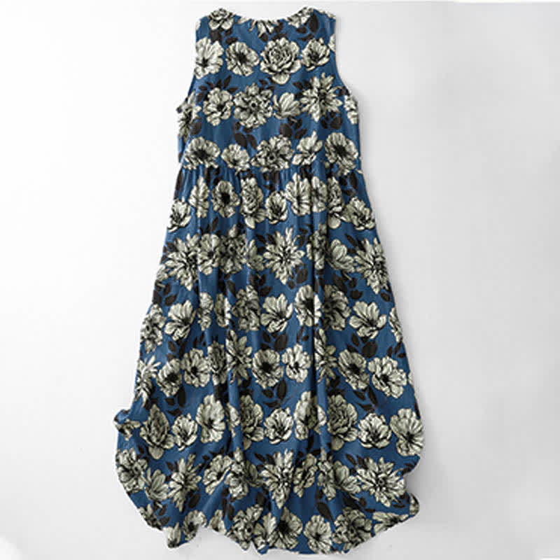 Buddha Stones Abito estivo da donna senza maniche, con scollo rotondo e stampa floreale, sotto il ginocchio, con tasche. - Blu reale - US12, UK/AU16, EU44 (2XL) - image 0