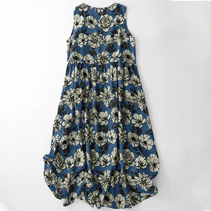 Buddha Stones Abito estivo da donna senza maniche, con scollo rotondo e stampa floreale, sotto il ginocchio, con tasche. - Blu reale - US12, UK/AU16, EU44 (2XL) - image 0