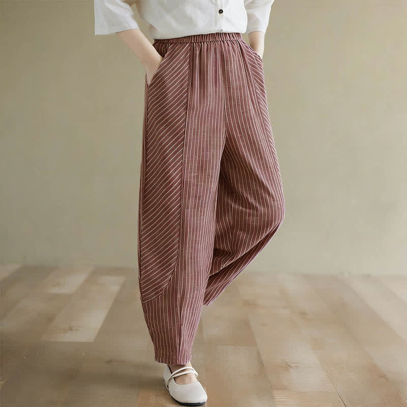 Buddha Stones Pantaloni da donna estivi casual a righe in lino e cotone, modello affusolato con tasche. - image 11
