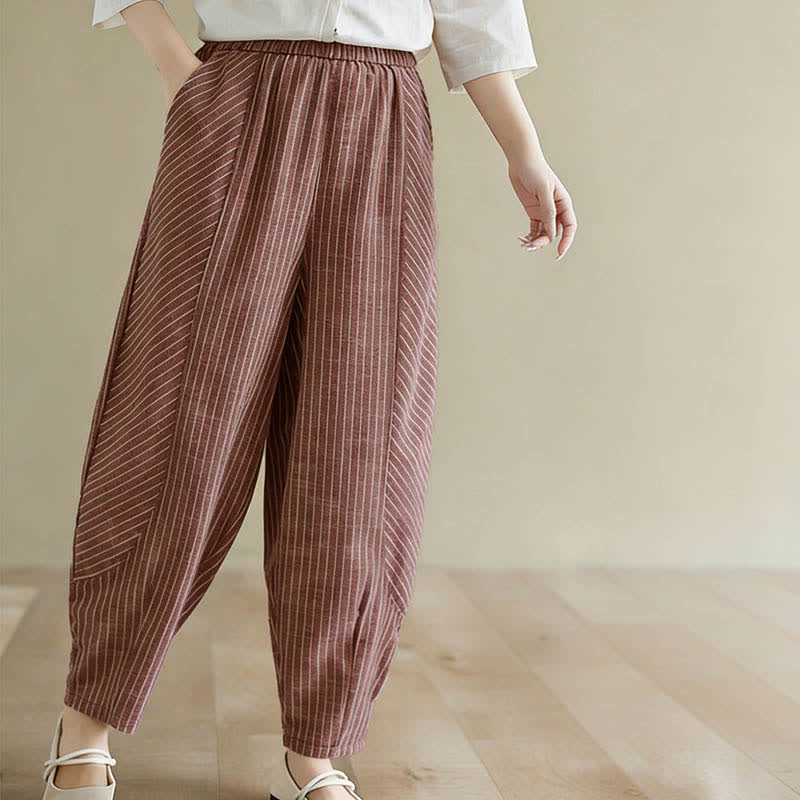 Buddha Stones Pantaloni da donna estivi casual a righe in lino e cotone, modello affusolato con tasche. - image 12