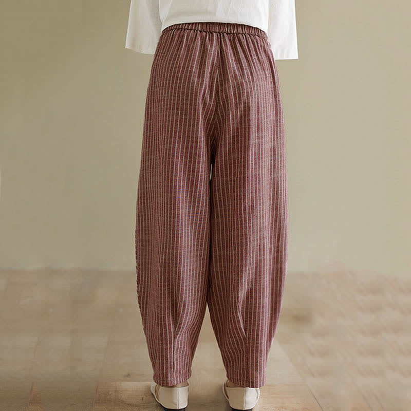 Buddha Stones Pantaloni da donna estivi casual a righe in lino e cotone, modello affusolato con tasche. - image 13