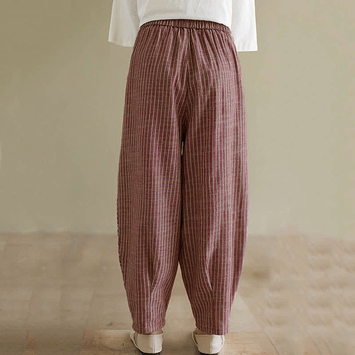 Buddha Stones Pantaloni da donna estivi casual a righe in lino e cotone, modello affusolato con tasche. - image 13