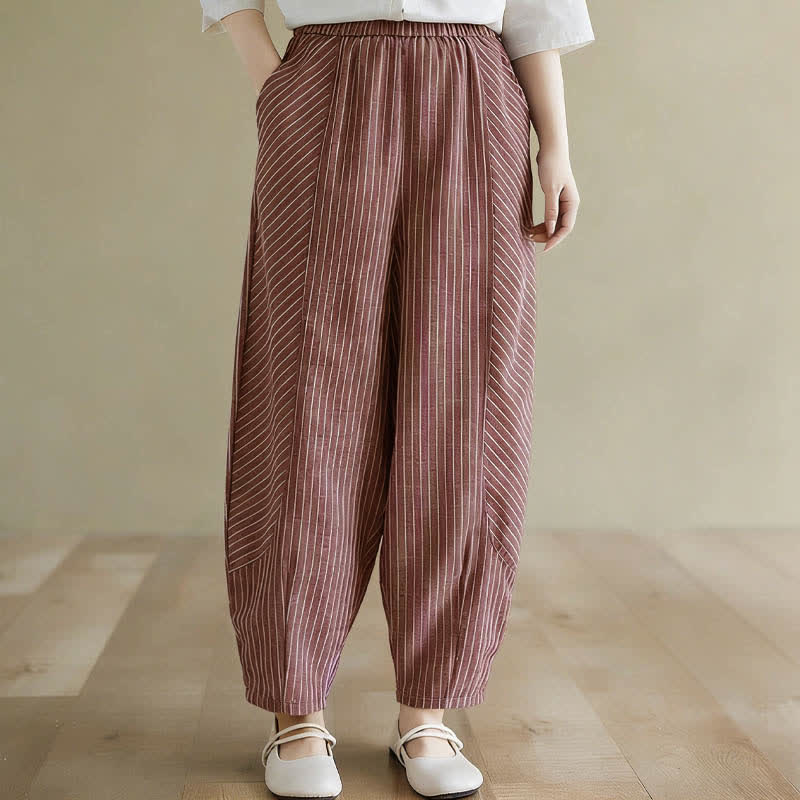 Buddha Stones Pantaloni da donna estivi casual a righe in lino e cotone, modello affusolato con tasche. - Rosso Indiano - US8-10, UK/AU12-14, EU40-42 (2XL) - image 10