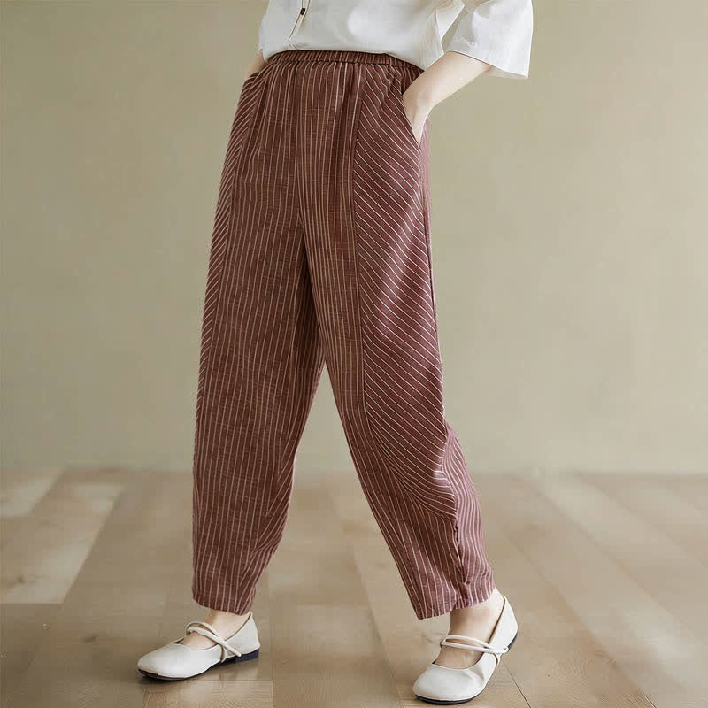 Buddha Stones Pantaloni da donna estivi casual a righe in lino e cotone, modello affusolato con tasche. - image 14