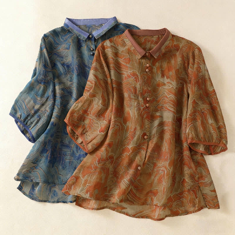 Buddha Stones Camicia da donna estiva in chiffon con stampa floreale, abbottonatura frontale, colletto alla coreana e maniche a tre quarti. - image 15