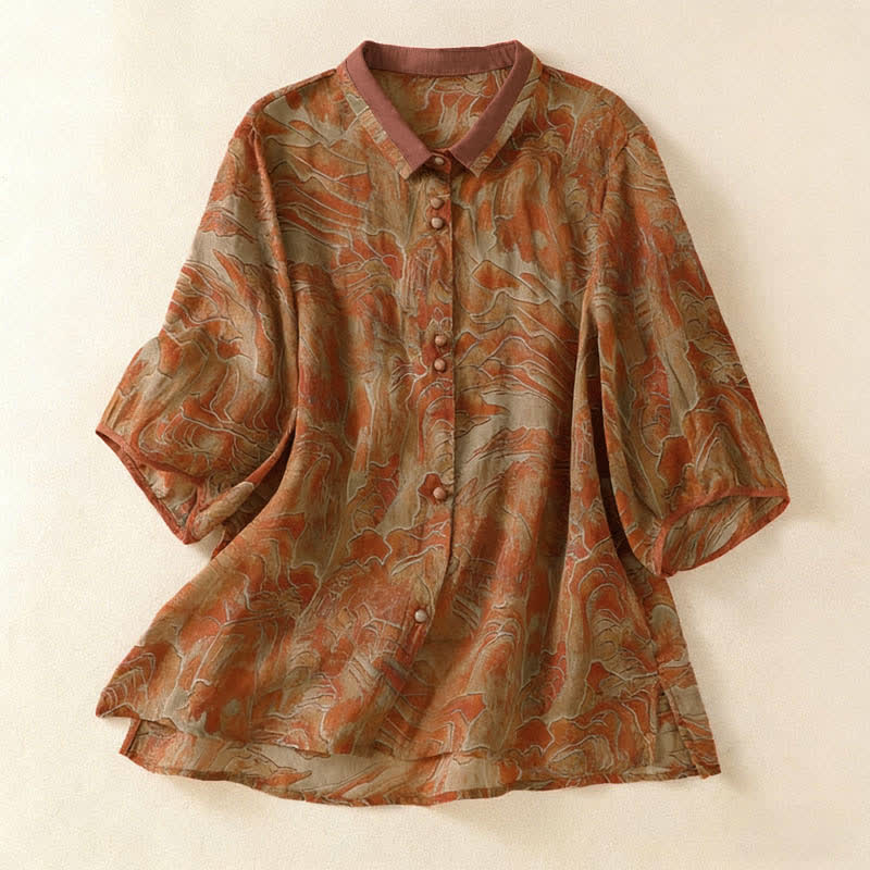 Buddha Stones Camicia da donna estiva in chiffon con stampa floreale, abbottonatura frontale, colletto alla coreana e maniche a tre quarti. - Perù - US8-10, UK/AU12-14, EU40-42 (2XL) - image 8