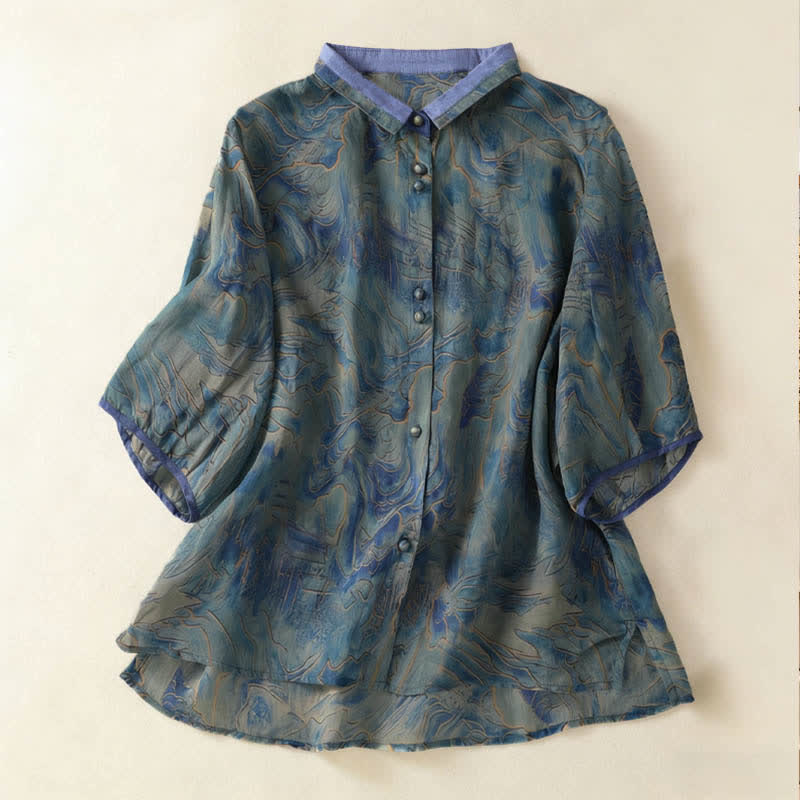 Buddha Stones Camicia da donna estiva in chiffon con stampa floreale, abbottonatura frontale, colletto alla coreana e maniche a tre quarti. - Cadetto Blu - US8-10, UK/AU12-14, EU40-42 (2XL) - image 0