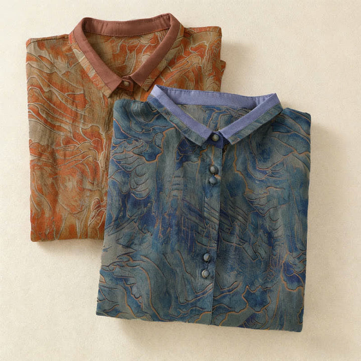 Buddha Stones Camicia da donna estiva in chiffon con stampa floreale, abbottonatura frontale, colletto alla coreana e maniche a tre quarti. - image 16