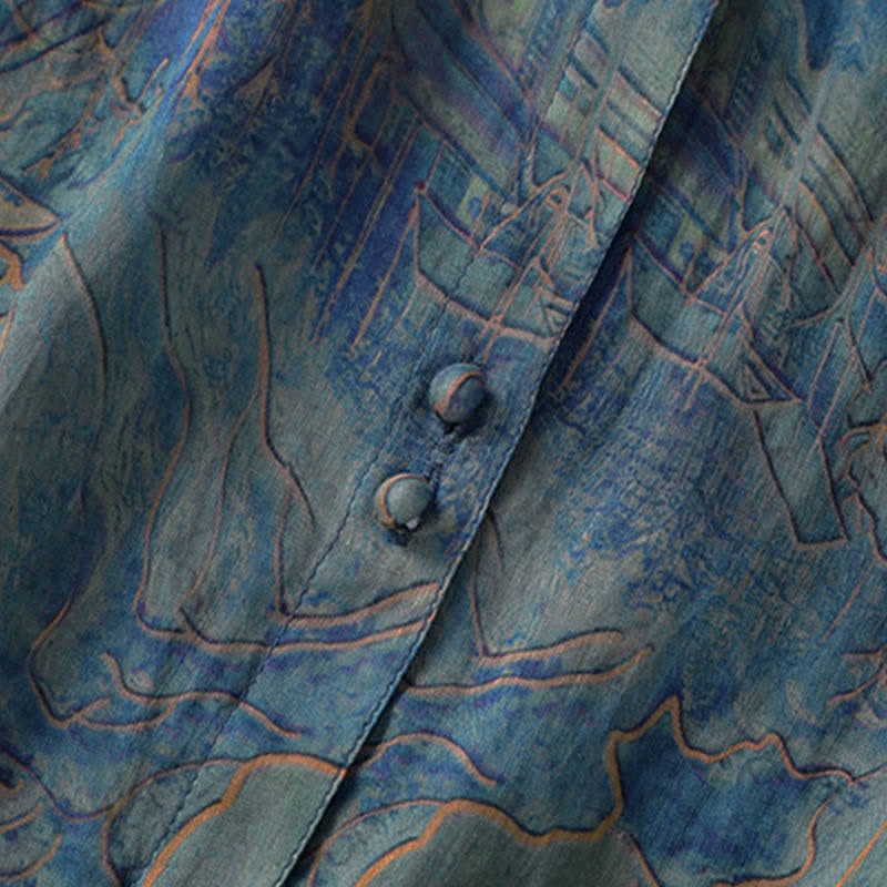 Buddha Stones Camicia da donna estiva in chiffon con stampa floreale, abbottonatura frontale, colletto alla coreana e maniche a tre quarti. - image 7