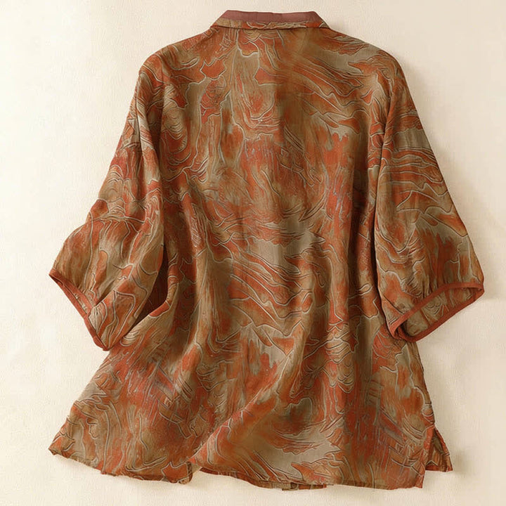 Buddha Stones Camicia da donna estiva in chiffon con stampa floreale, abbottonatura frontale, colletto alla coreana e maniche a tre quarti. - image 9