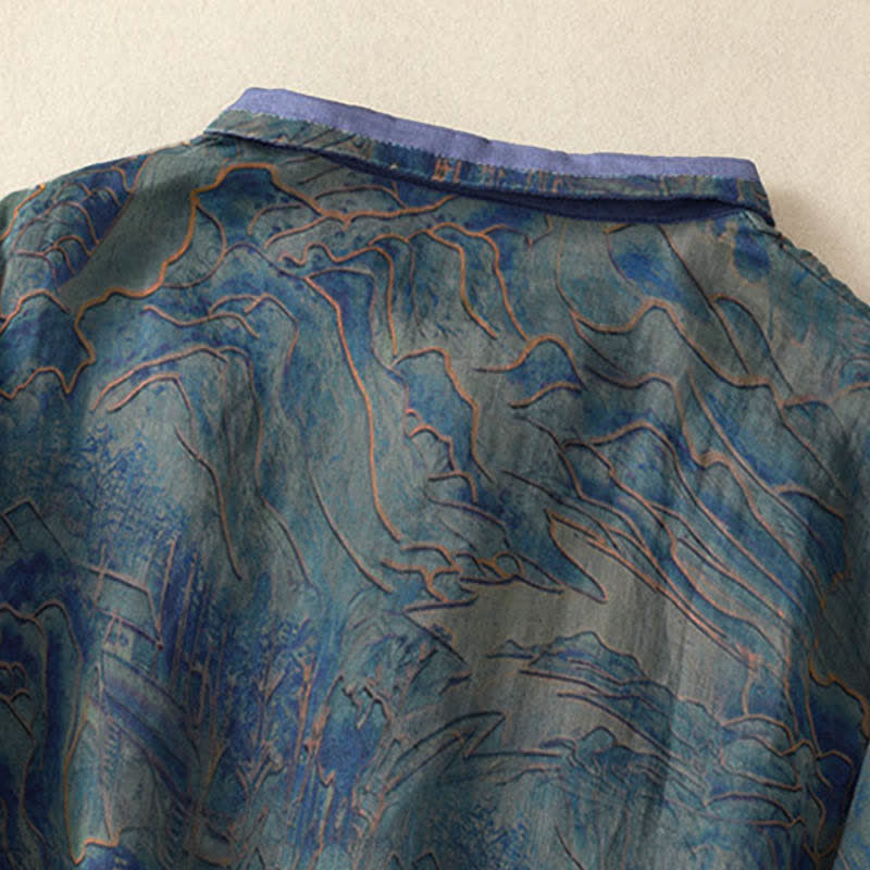 Buddha Stones Camicia da donna estiva in chiffon con stampa floreale, abbottonatura frontale, colletto alla coreana e maniche a tre quarti. - image 3