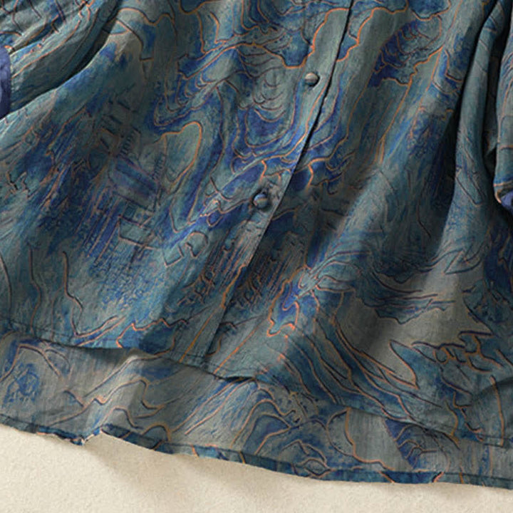 Buddha Stones Camicia da donna estiva in chiffon con stampa floreale, abbottonatura frontale, colletto alla coreana e maniche a tre quarti. - image 6