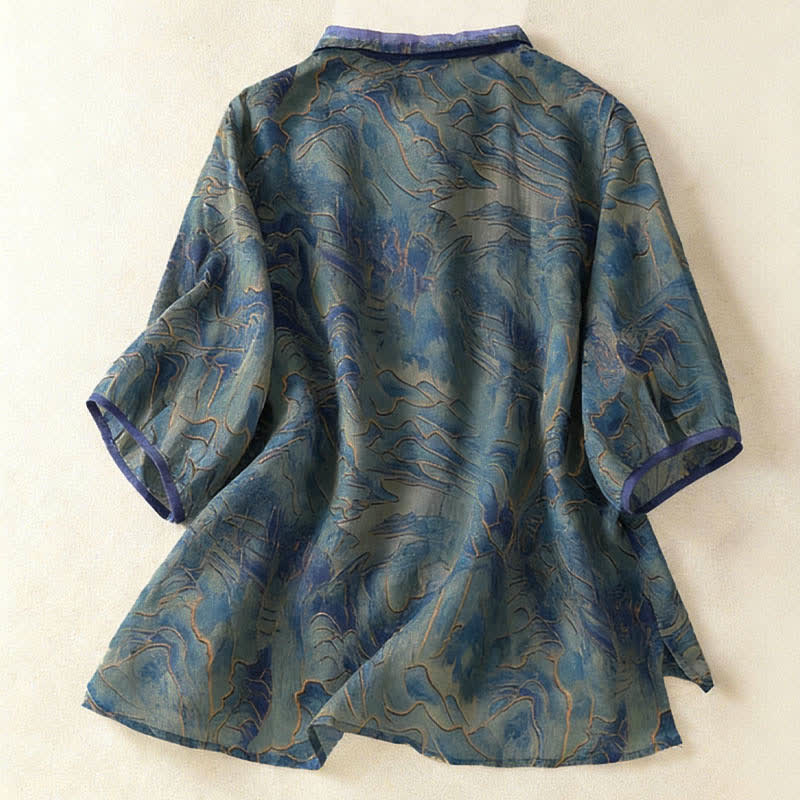Buddha Stones Camicia da donna estiva in chiffon con stampa floreale, abbottonatura frontale, colletto alla coreana e maniche a tre quarti. - image 1
