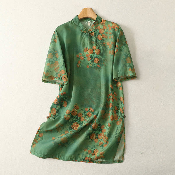 Buddha Stones Mini abito estivo da donna a maniche corte con stampa floreale, colletto alla coreana e bottoni a rana. - Verde medio del mare - US8-10, UK/AU12-14, EU40-42 (2XL) - image 0