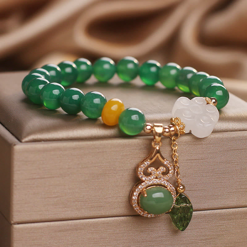 Buddha Stones Braccialetto di supporto con ciondolo a forma di foglia di zucca, fiori di zucca e agata verde e giada bianca. - image 3