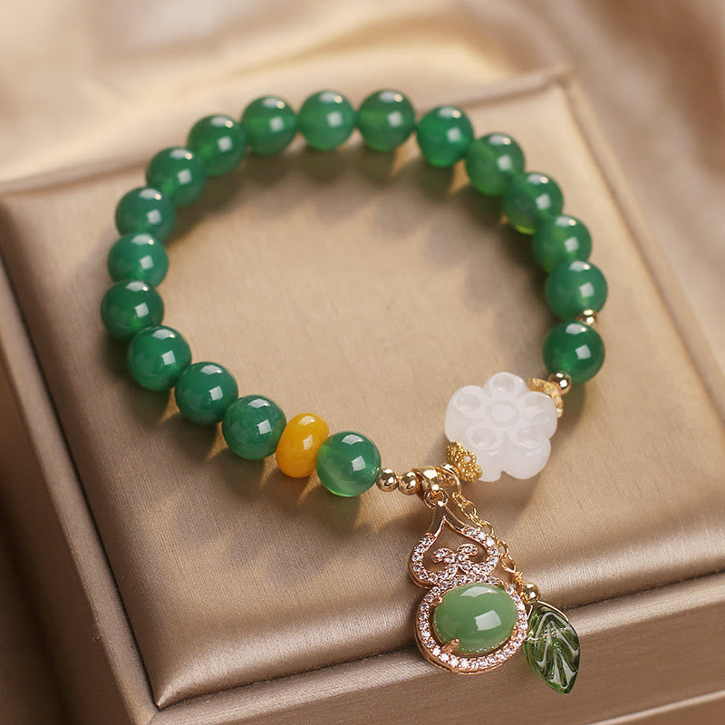 Buddha Stones Braccialetto di supporto con ciondolo a forma di foglia di zucca, fiori di zucca e agata verde e giada bianca. - image 4