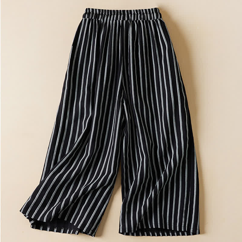 Buddha Stones Pantaloni da donna primaverili a gamba larga, corti, con elastico in vita e tasche. - image 1