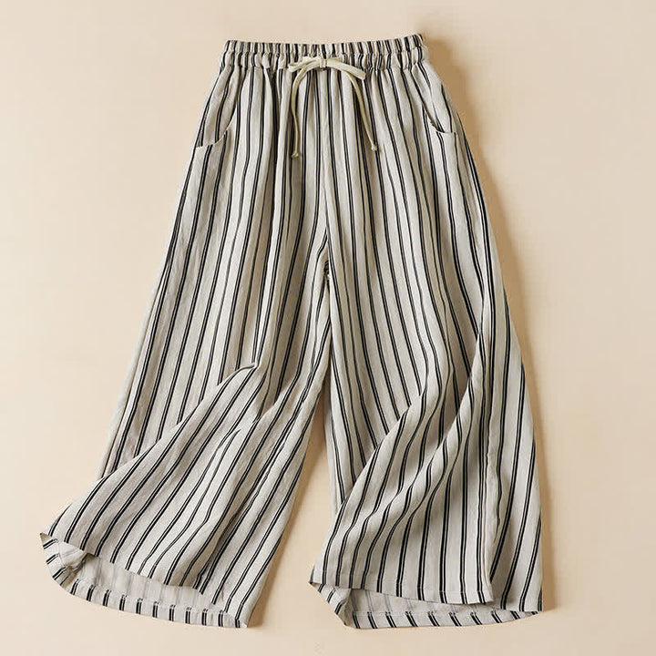 Buddha Stones Pantaloni da donna primaverili a gamba larga, corti, con elastico in vita e tasche. - Beige - US8-10, UK/AU12-14, EU40-42 (2XL) - image 6