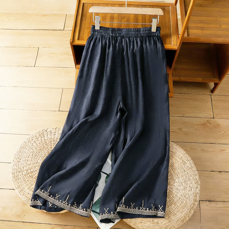 Buddha Stones Pantaloni estivi da donna a gamba larga in stile boho con ricami e tasche. - Blu notte - US8-10, UK/AU12-14, EU40-42 (2XL) - image 0