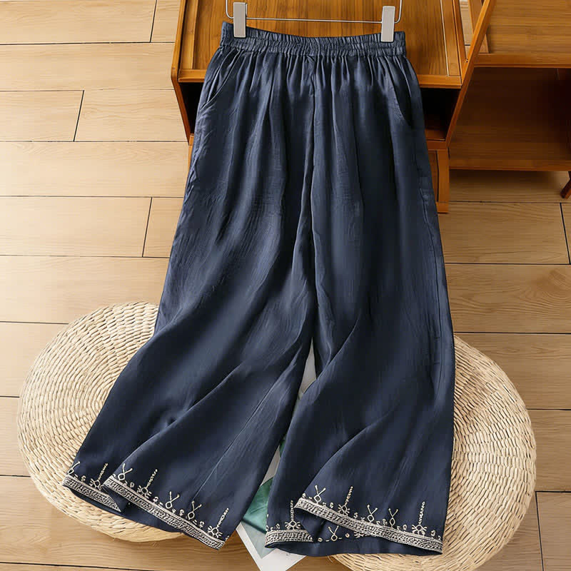 Buddha Stones Pantaloni estivi da donna a gamba larga in stile boho con ricami e tasche. - image 1