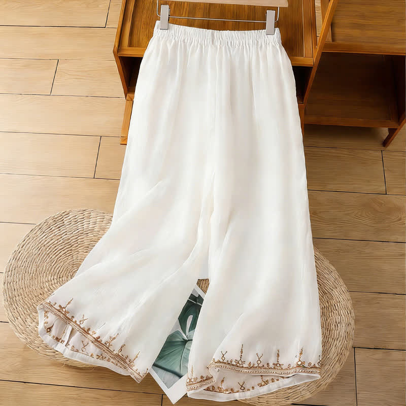 Buddha Stones Pantaloni estivi da donna a gamba larga in stile boho con ricami e tasche. - image 7