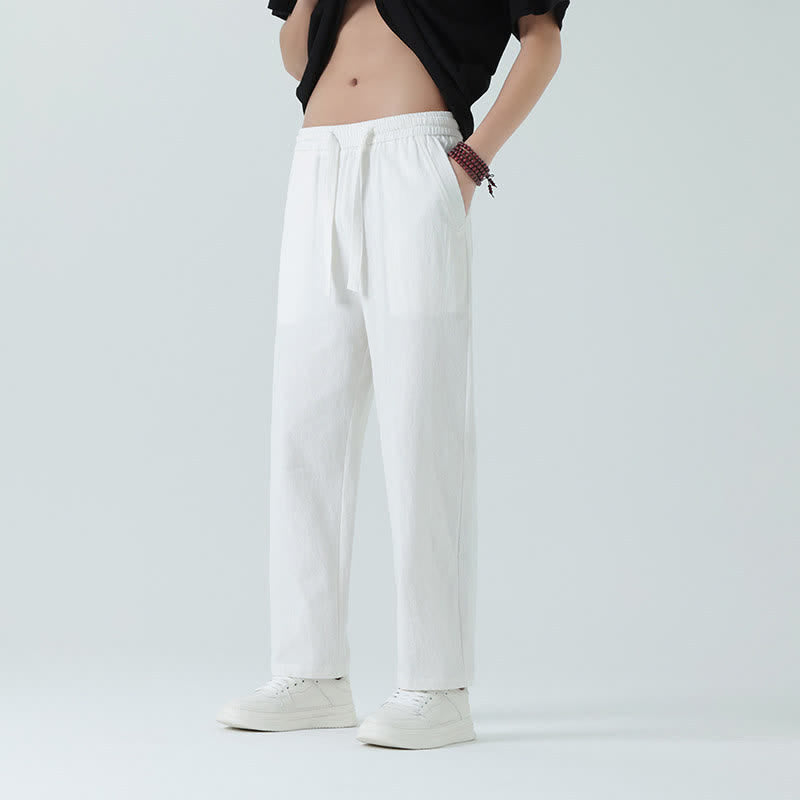 Buddha Stones Pantaloni dritti da uomo estivi in ​​cotone, minimalisti, con elastico in vita e tasche. - Bianco - US/UK/AU46, EU56 (5XL) - image 14