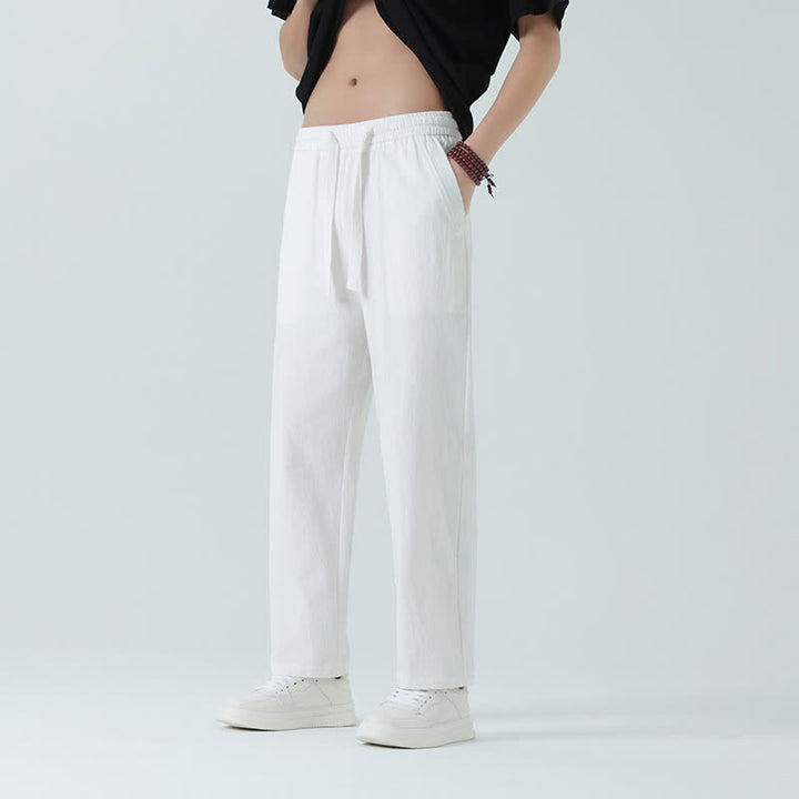 Buddha Stones Pantaloni dritti da uomo estivi in ​​cotone, minimalisti, con elastico in vita e tasche. - Bianco - US/UK/AU46, EU56 (5XL) - image 14