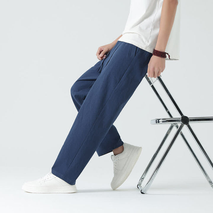 Buddha Stones Pantaloni dritti da uomo estivi in ​​cotone, minimalisti, con elastico in vita e tasche. - image 6