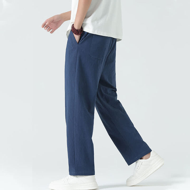 Buddha Stones Pantaloni dritti da uomo estivi in ​​cotone, minimalisti, con elastico in vita e tasche. - image 2
