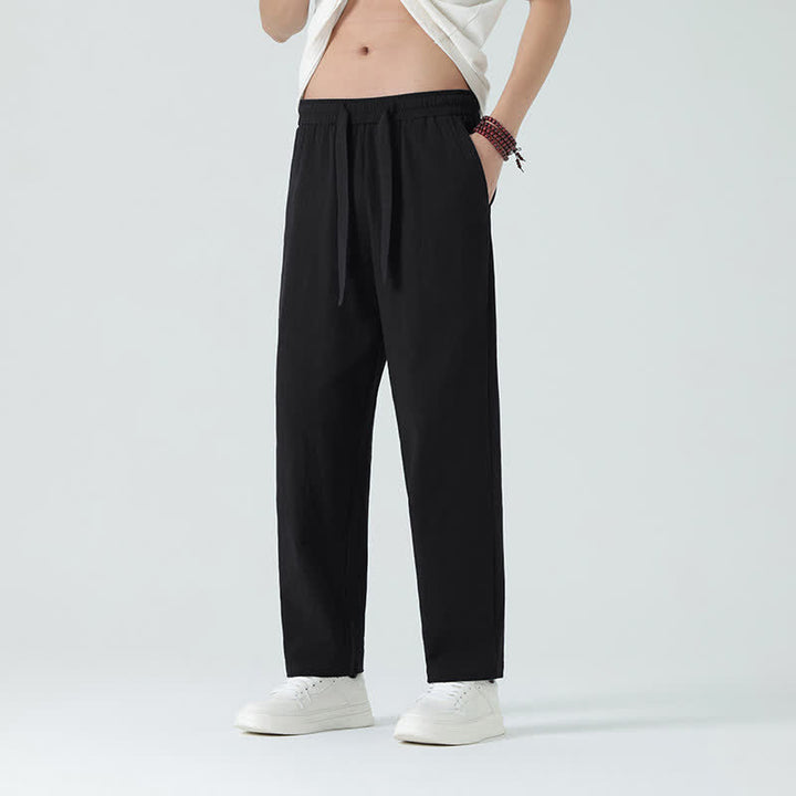 Buddha Stones Pantaloni dritti da uomo estivi in ​​cotone, minimalisti, con elastico in vita e tasche. - Nero - US/UK/AU46, EU56 (5XL) - image 8