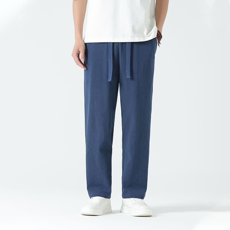 Buddha Stones Pantaloni dritti da uomo estivi in ​​cotone, minimalisti, con elastico in vita e tasche. - image 1