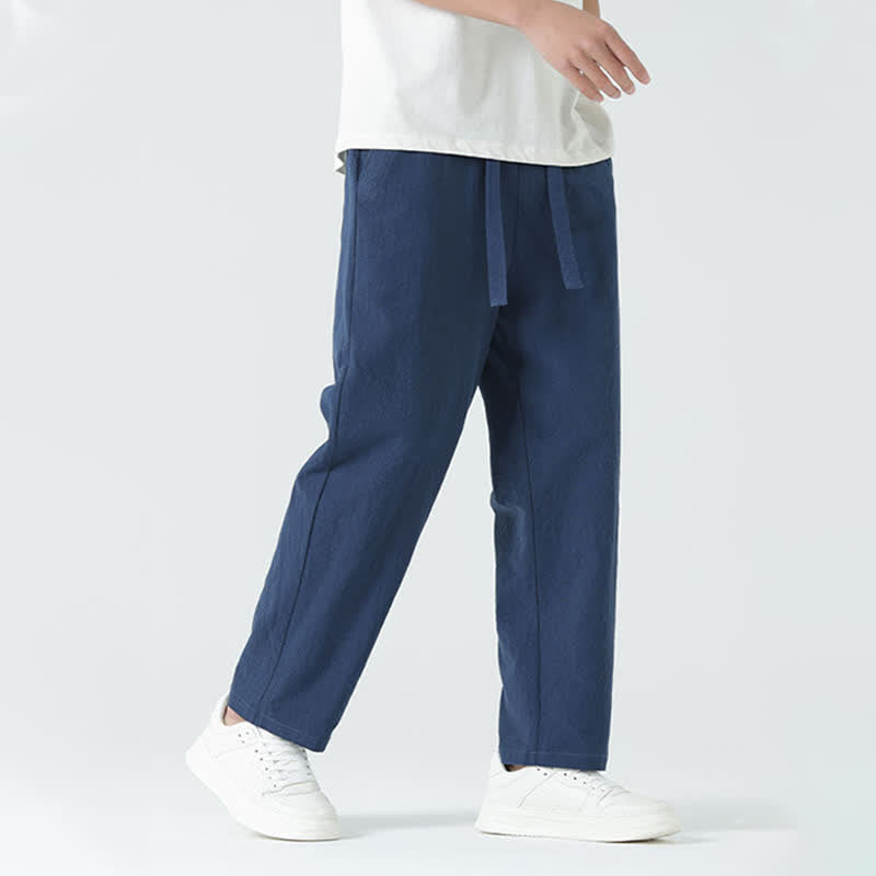 Buddha Stones Pantaloni dritti da uomo estivi in ​​cotone, minimalisti, con elastico in vita e tasche. - image 4