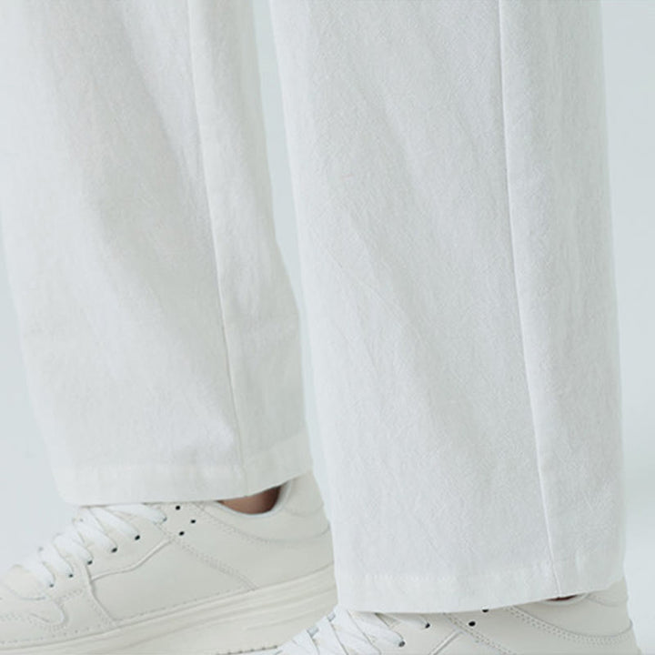 Buddha Stones Pantaloni dritti da uomo estivi in ​​cotone, minimalisti, con elastico in vita e tasche. - image 24