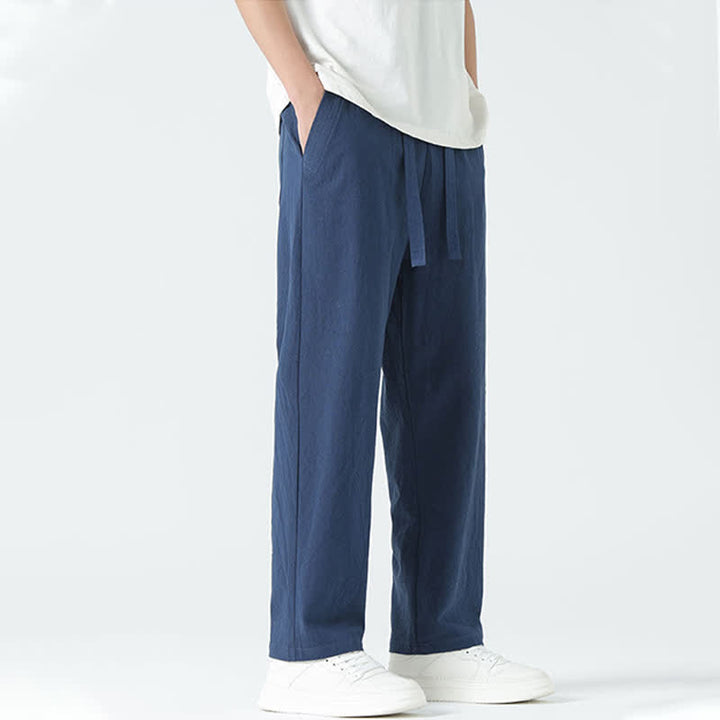 Buddha Stones Pantaloni dritti da uomo estivi in ​​cotone, minimalisti, con elastico in vita e tasche. - image 7
