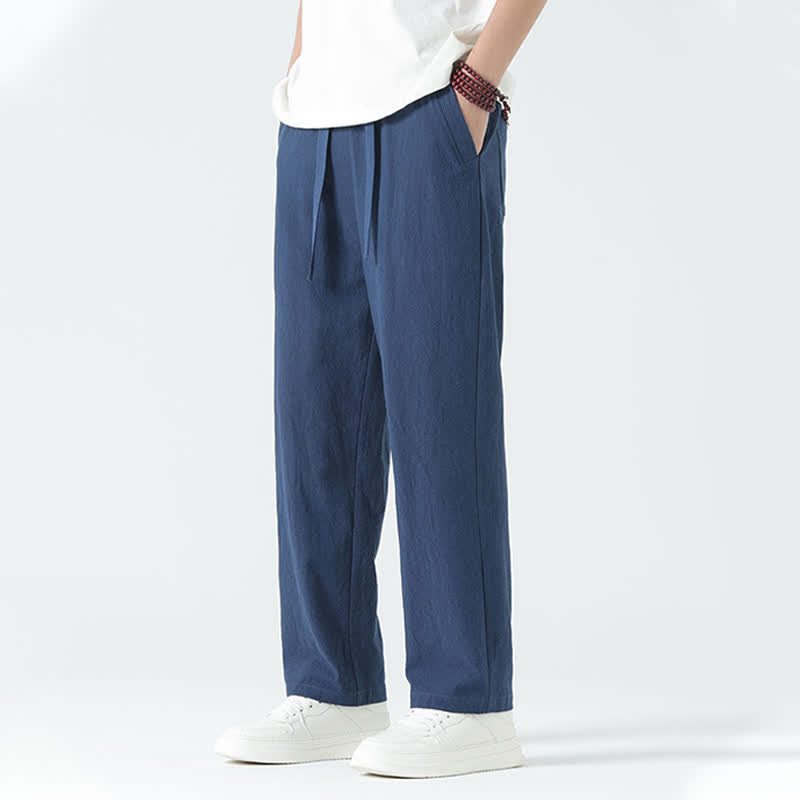 Buddha Stones Pantaloni dritti da uomo estivi in ​​cotone, minimalisti, con elastico in vita e tasche. - image 5